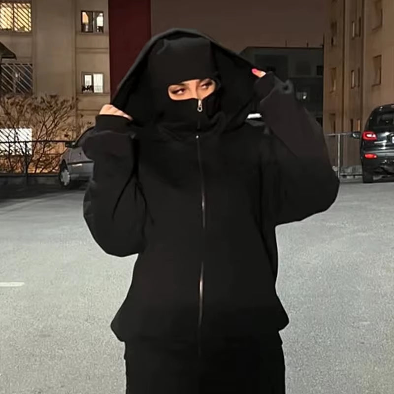 Balaclava Men Zip Hoodie Winter Warm Casual Sweatshirt Y2K with Hooded Face Mask Zipper Design Sports Jacket Outdoor Activities